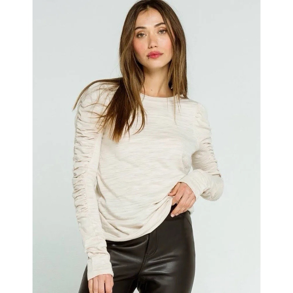 We The Free People Natasha Tee Small White Ruffles Ruched‎ Long Sleeves Top Fall